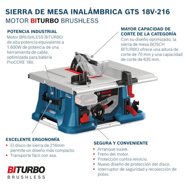 Sierra de Banco Inal. Bosch GTS 18V-216 BITURBO - Sin Baterías