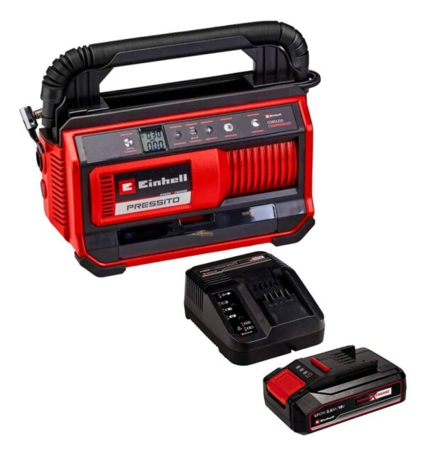 Kit Compresor Inal. Einhell Pressito 18/25 + Carg y Bat 2,5 AH