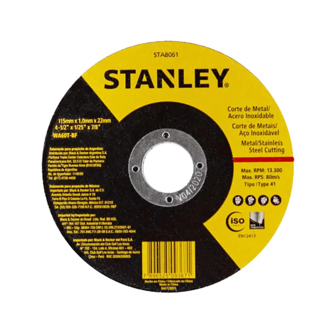Caja 25 Discos de Corte 4 1.2 X 1.0mm Stanley STA8061 Caja 25 Discos de Corte 4 1/2 X 1.0mm Stanley STA8061 - Imagen 1