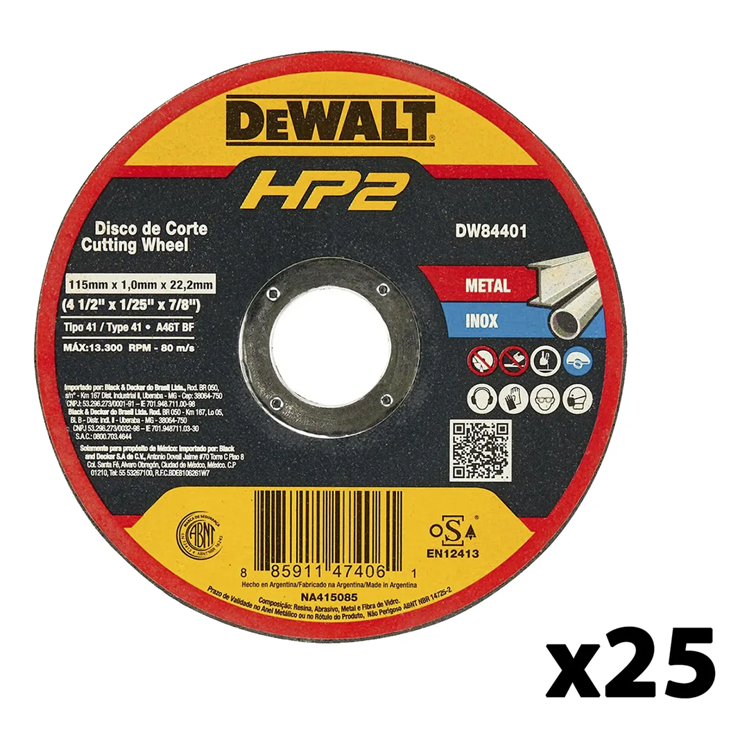 Set 25 discos corte de metal Dewalt DW84401 3 Set 25 discos corte de metal 4-1/2'X1/25' Dewalt DW84401 - Imagen 1